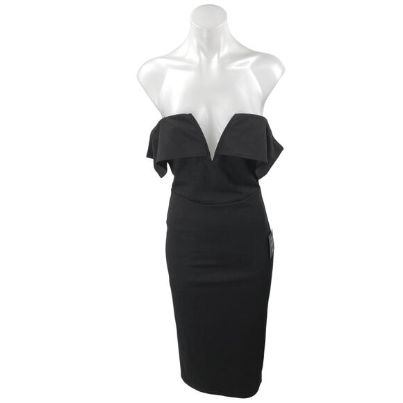 NEW Lulus Black Off The Shoulder V-neck Strapless Midi Bodycon Shealh Dress Sz S - Picture 1 of 4